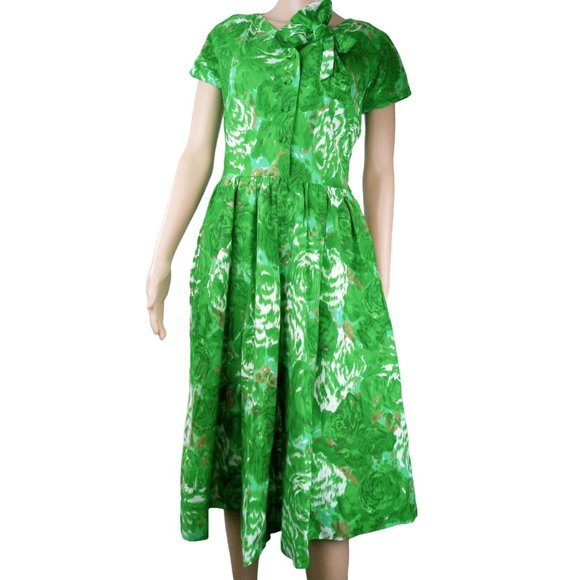 Vintage Dress 50s Floral Green Bow Vogue Women Small Pin Up Skater Rockabilly - Picture 2 of 13